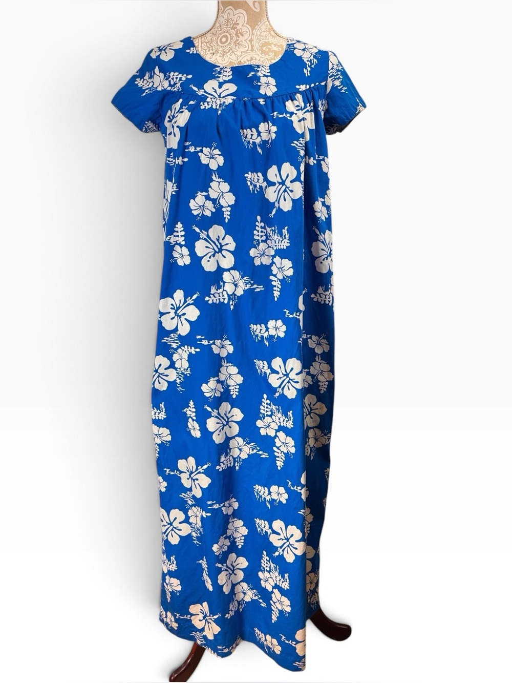 Vintage 60s 70s Ui-Maikai Hawaiian Muumuu Maxi Dress Blue Hibiscus USA C-38